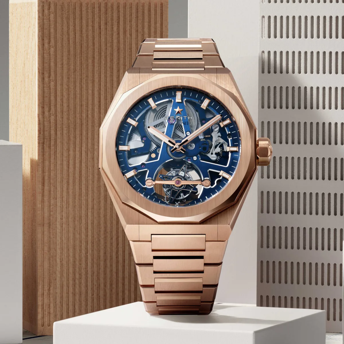 Zenith DEFY Skyline Tourbillion Skeleton watch with blue PVD-coated mechanism