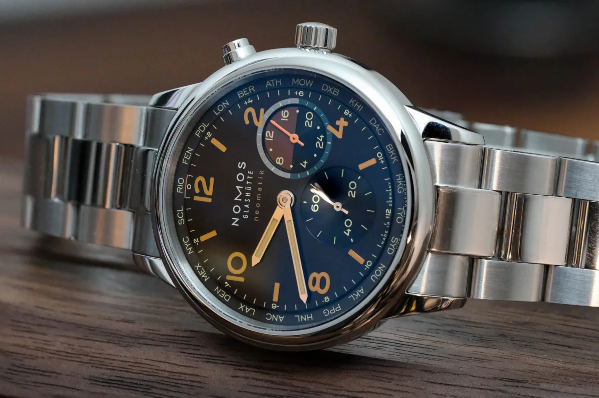 Nomos Club Sport Neomatik Worldtimer City Ring dial close-up