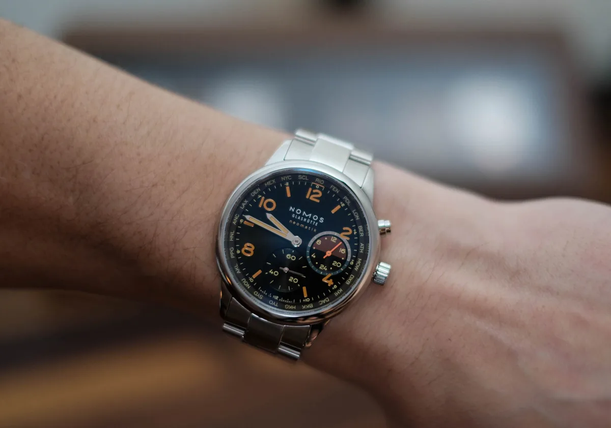 Nomos Club Sport Neomatik Worldtimer on wrist