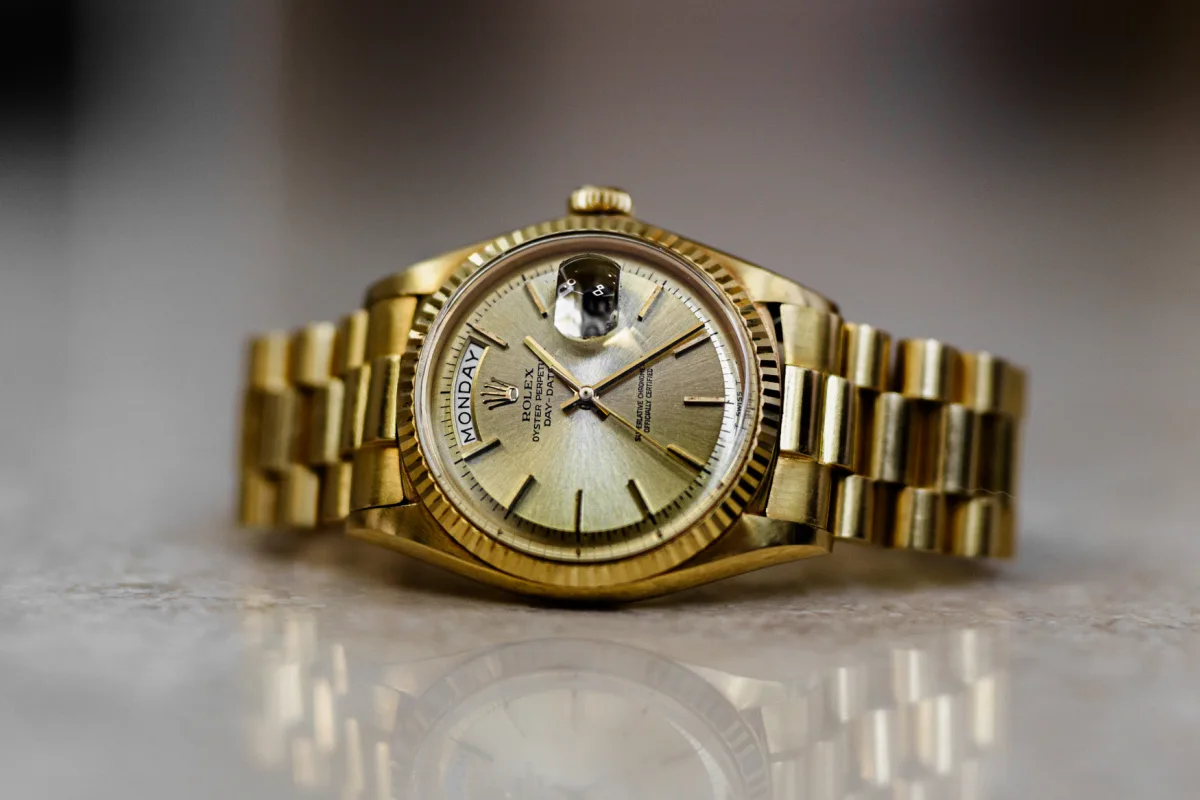 Day and date windows on vintage Rolex dial