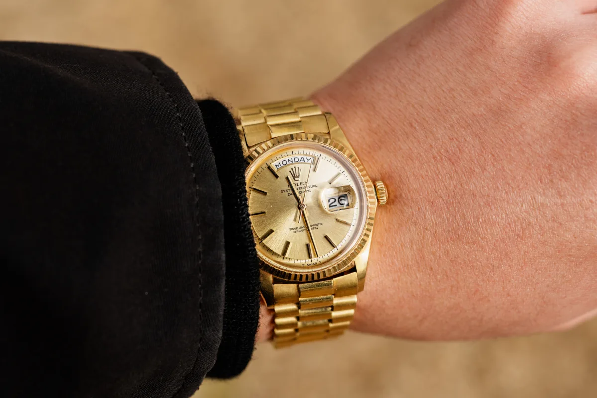 Pie-pan dial and gold case of Rolex Day-Date