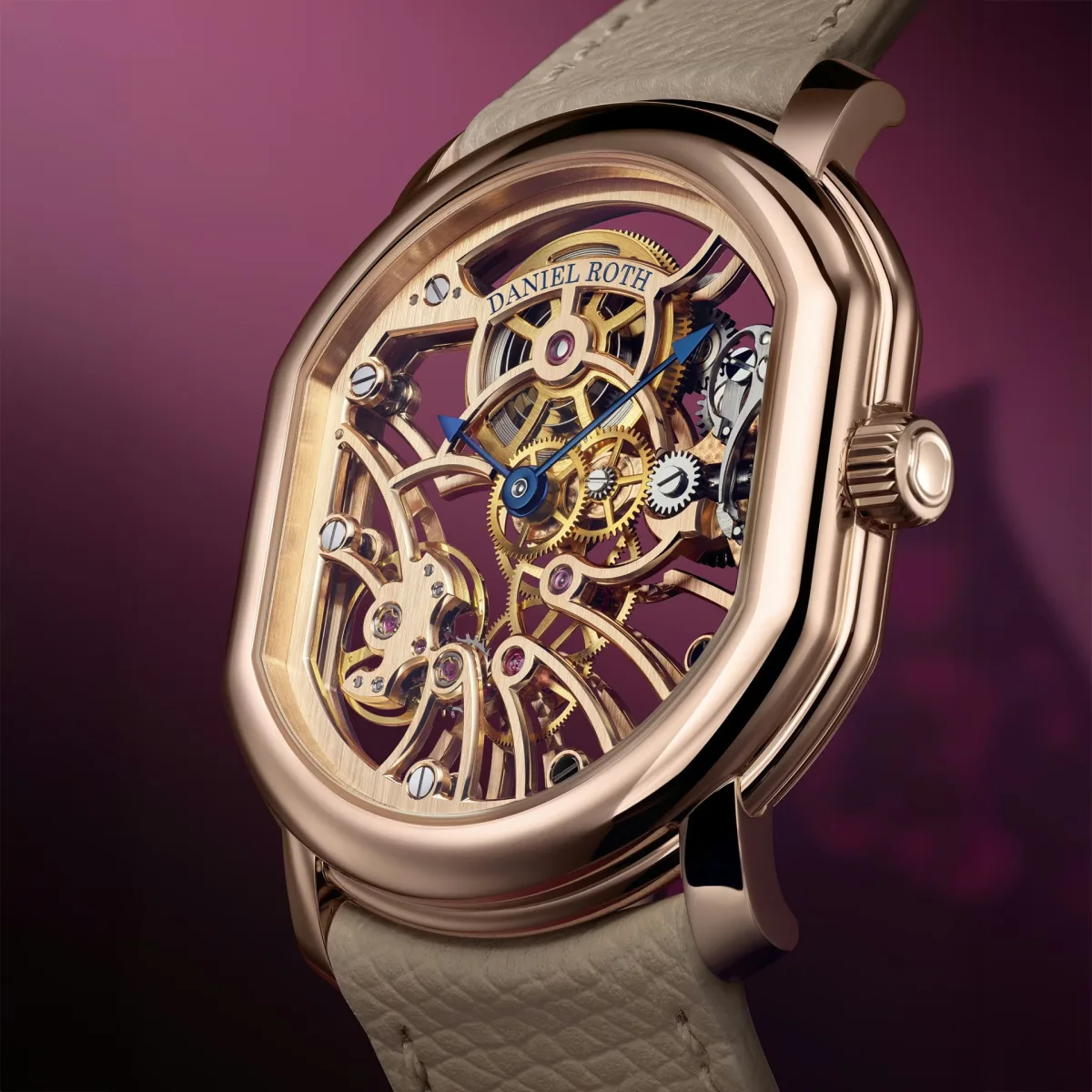 Close-up of the rose gold case of the Daniel Roth skeleton watch