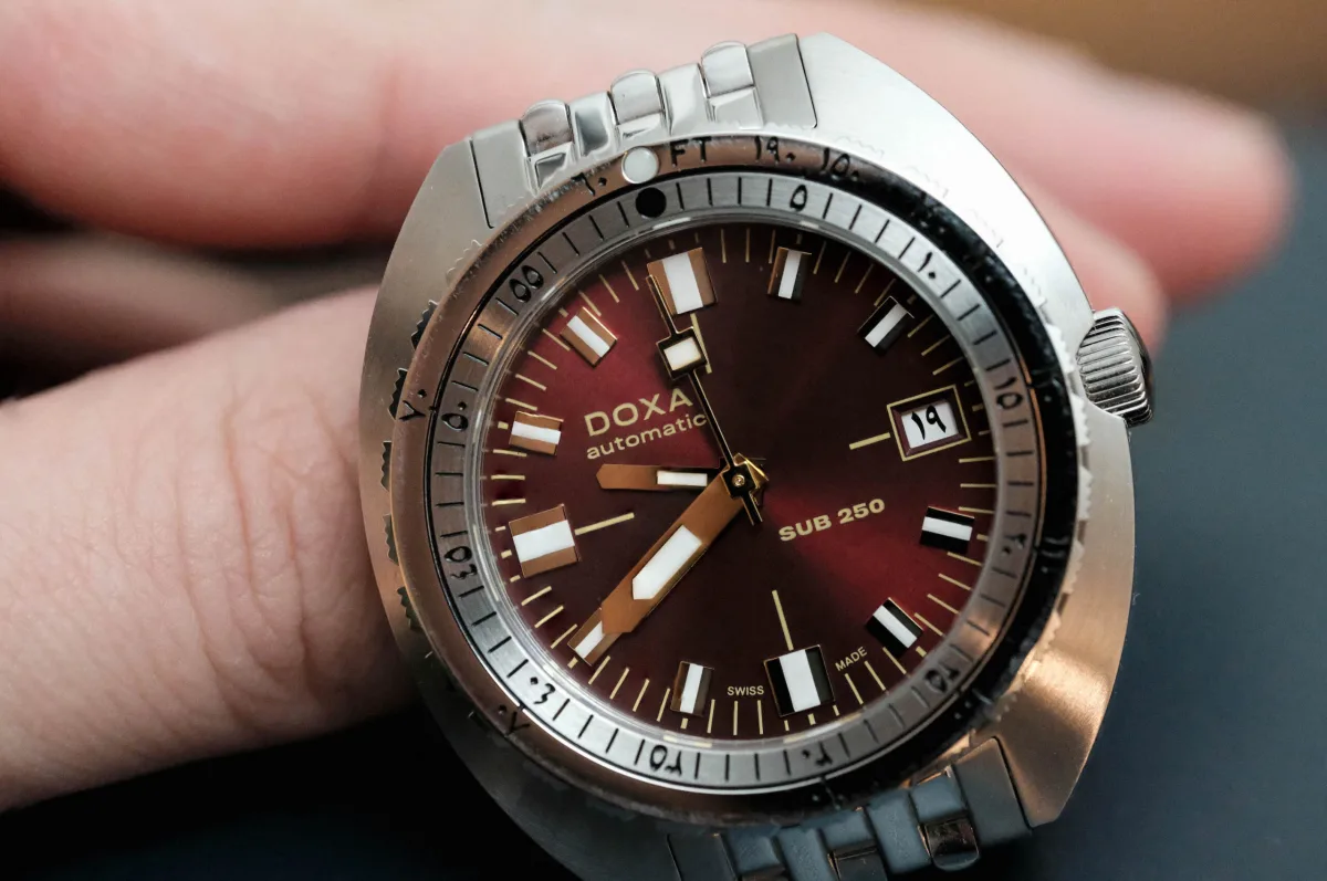 Close-up of Doxa Sub 250 dial and markers