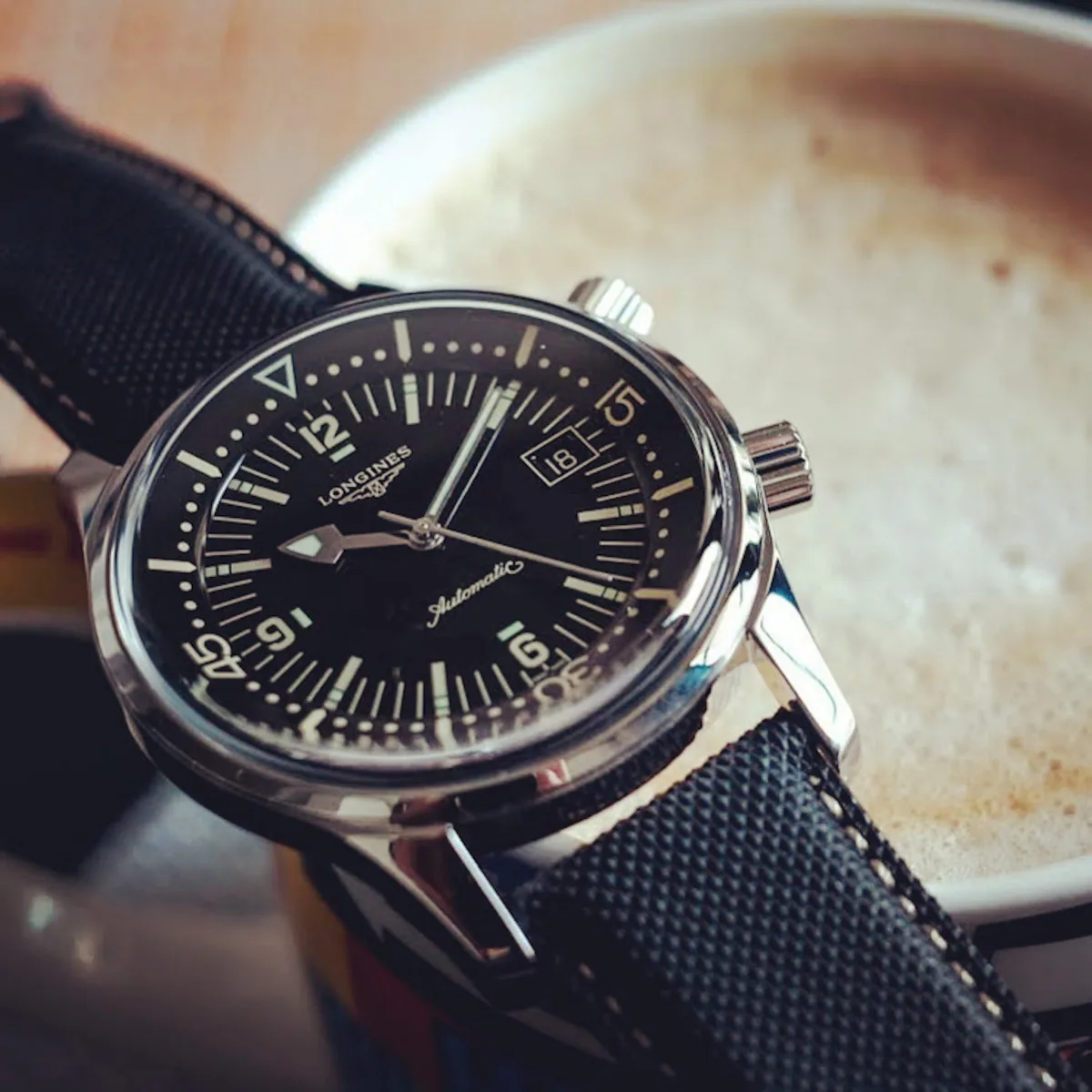 Longines Legend Diver monochrome dial close-up