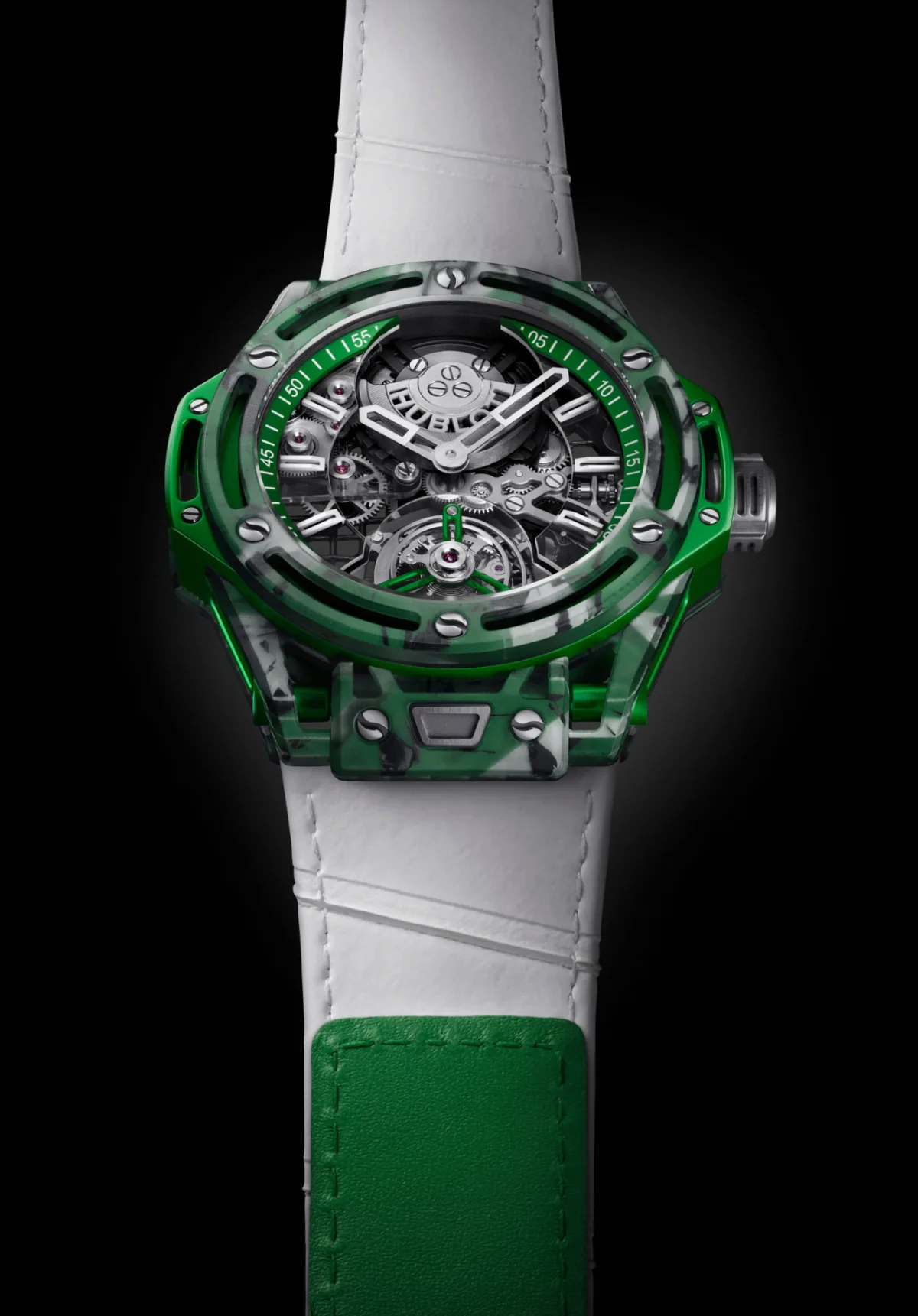 Hublot tourbillon mechanism with tennis racquet string design