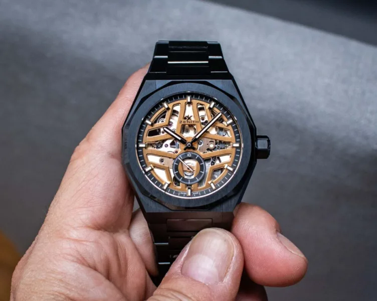 Close-up of the Defy Skyline Skeleton's ceramic case