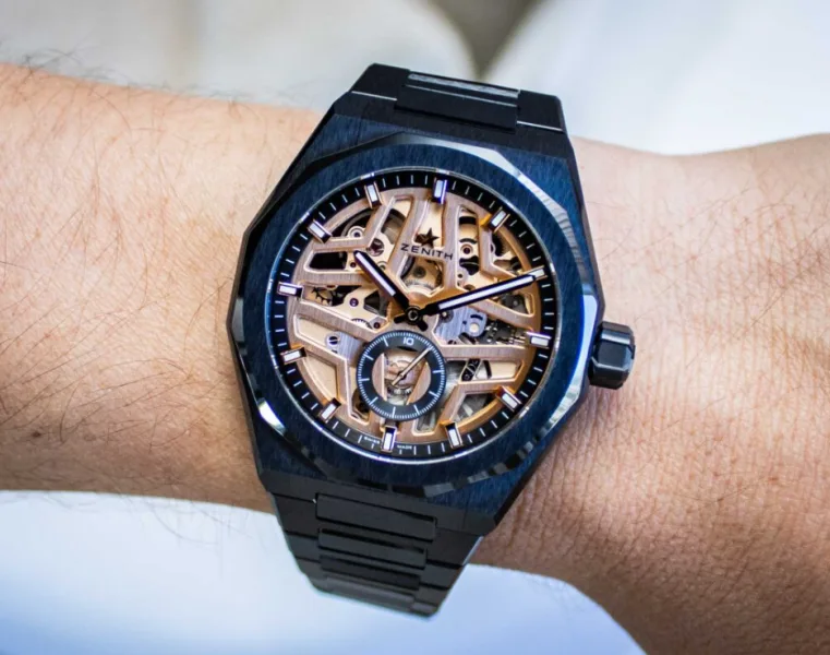 Rose gold accents on the Defy Skyline Skeleton's dial