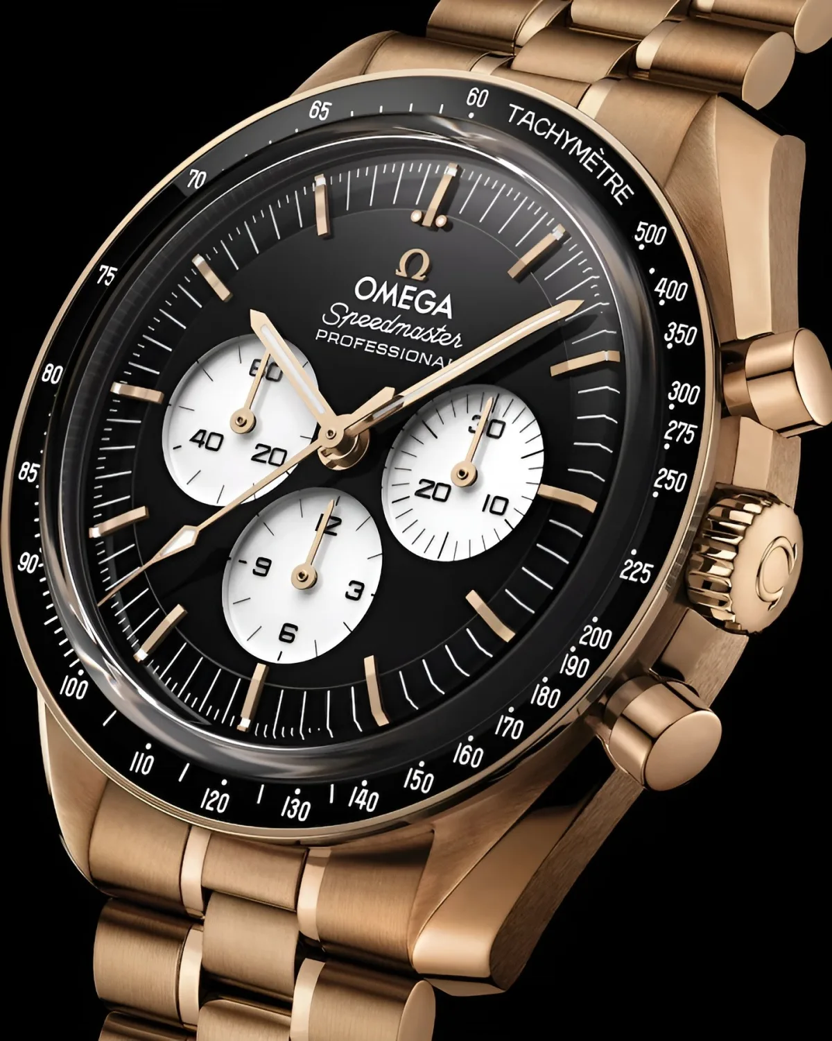 Detailed view of the Omega Moonwatch dial layers