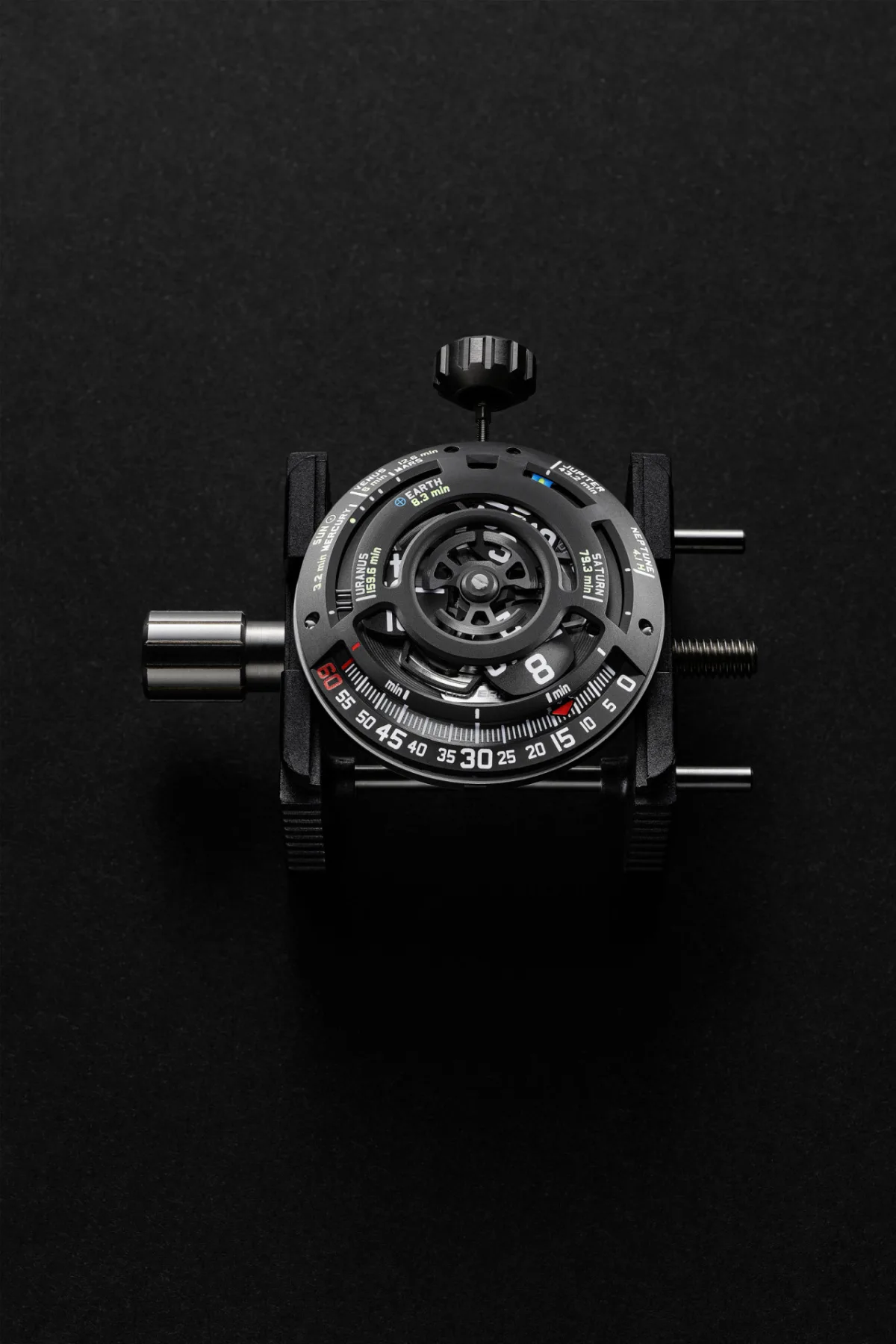 Back of Urwerk UR-100V LightSpeed with titanium and DLC coating