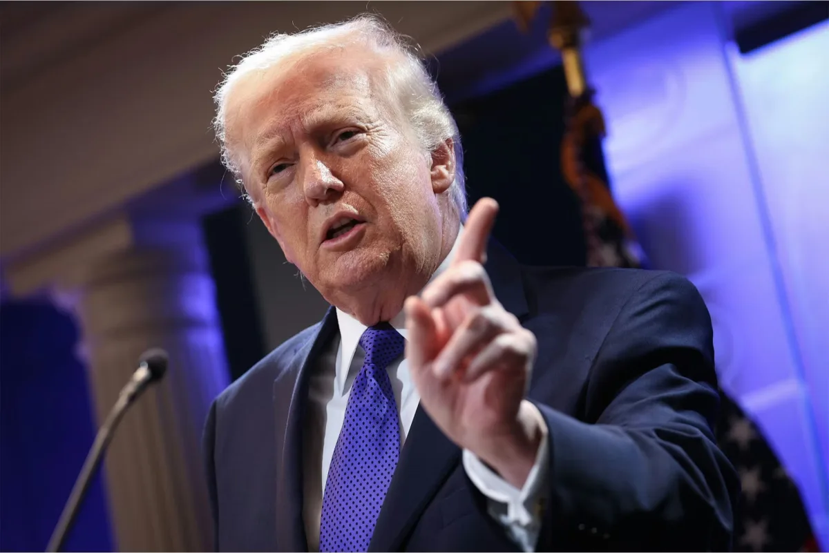 Donald Trump speaking at a press conference on February 20, 2024