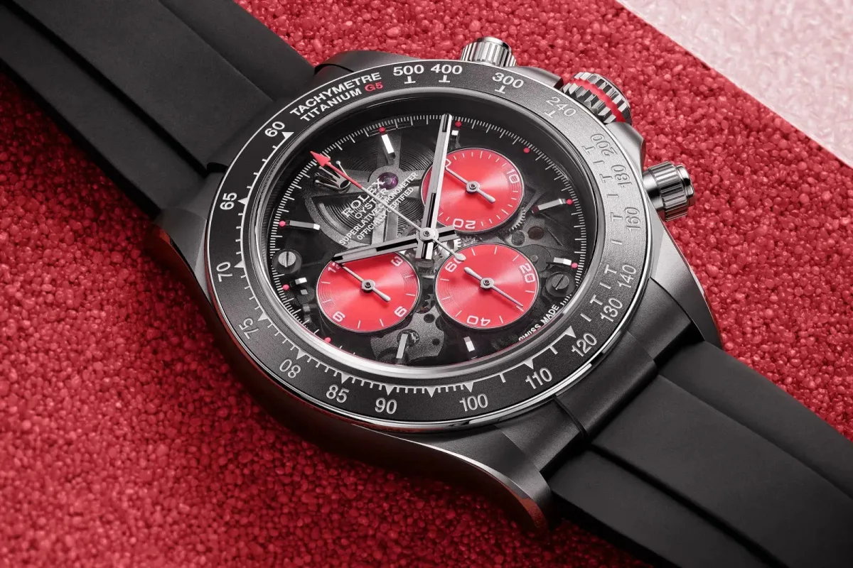 Close-up of the titanium case of the customized Rolex Daytona