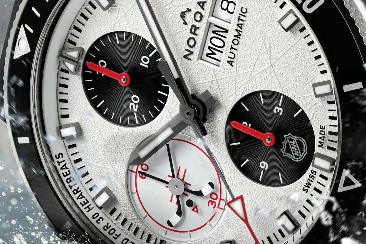 Close-up of the Norqain watch's NHL-inspired dial