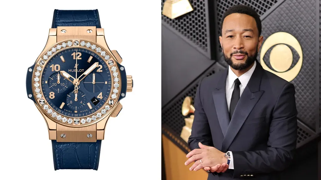 John Legend wearing a Hublot Big Bang Original King Gold Blue Diamonds watch