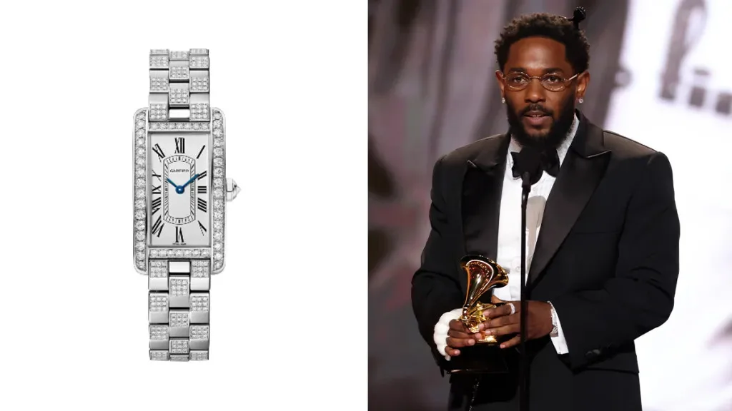 Kendrick Lamar with a Cartier Tank Américaine watch and Chanel tuxedo