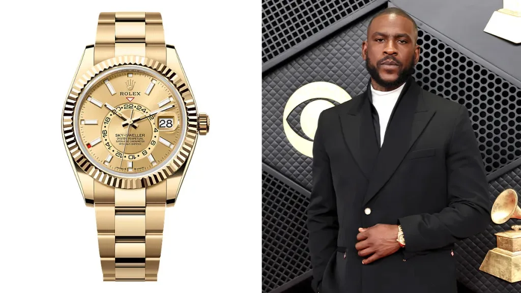 Skepta wearing a Rolex Sky-Dweller watch with a champagne dial