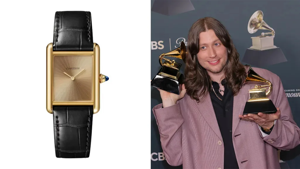 Ludwig Göransson with a Cartier Tank Louis Cartier watch and Grammy awards