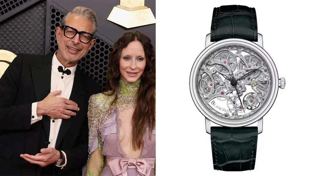 Jeff Goldblum with a Blancpain Villeret Squelette 8 Jours skeleton watch