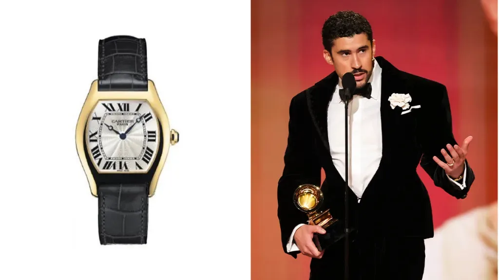Bad Bunny with a Cartier Tortue watch and Panthère ring