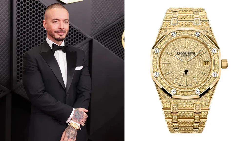 J Balvin in a tuxedo with an Audemars Piguet Royal Oak Jumbo Extra-Thin watch