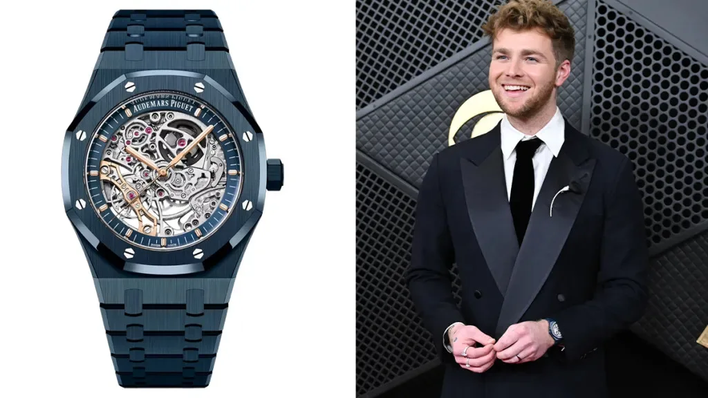 Alex Warren wearing an Audemars Piguet Royal Oak Double Balance Wheel Open Worked watch