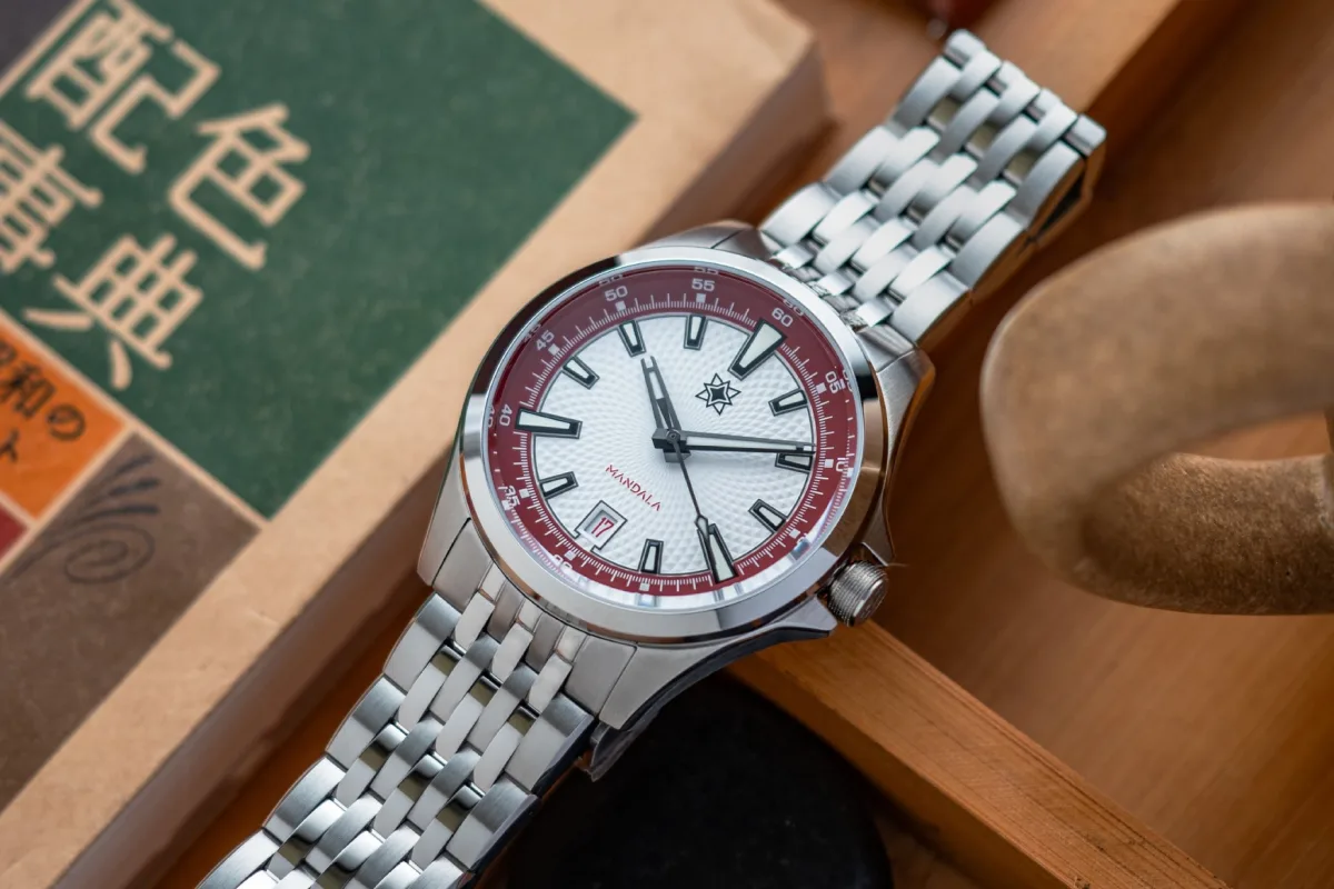 Second Hour Mandala Mk3 watch with textured red dial
