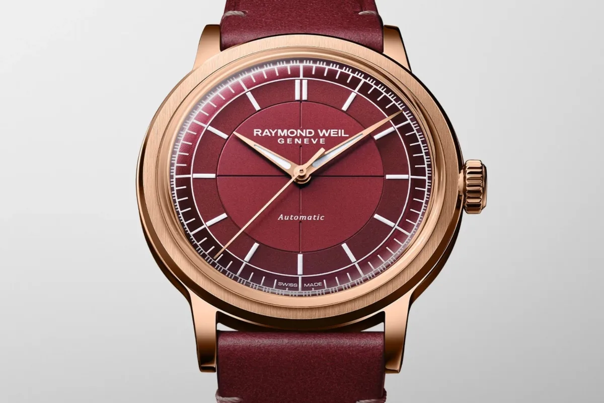 Raymond Weil Millesime Automatic Burgundy watch with sector dial