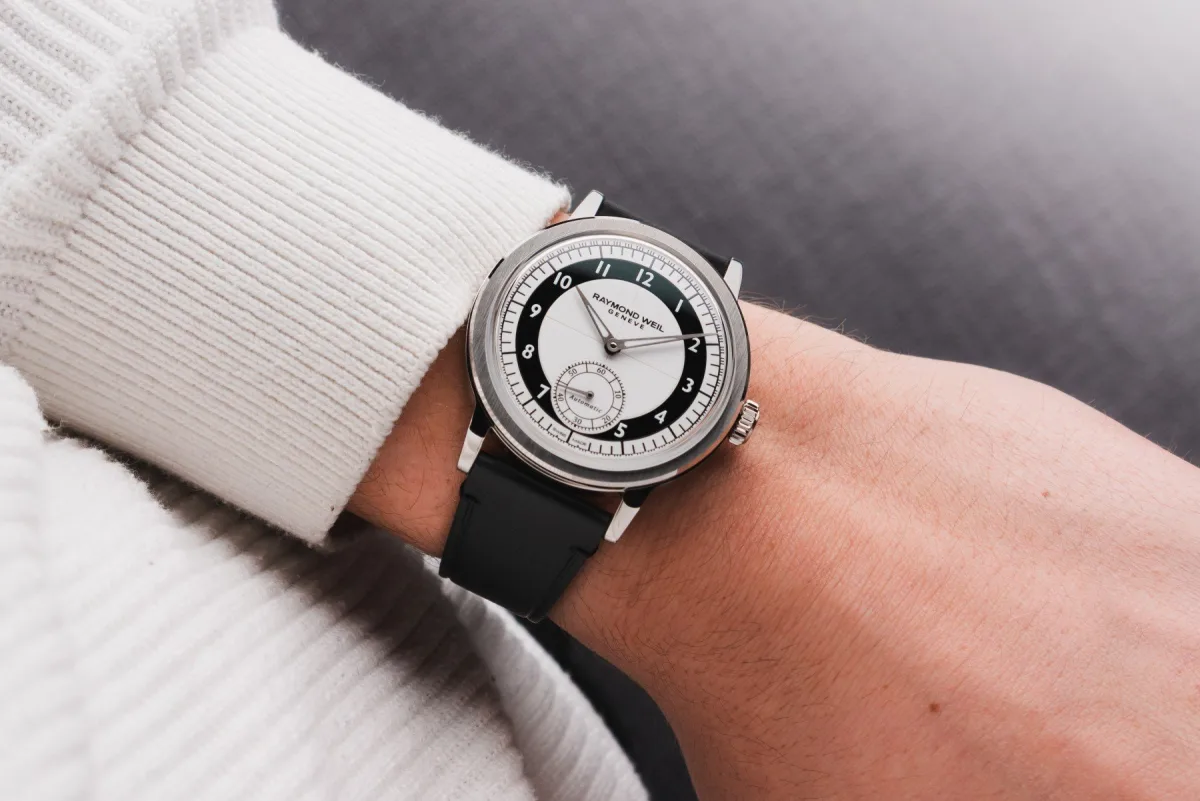 Close-up of Raymond Weil Millesime Small Seconds with blue dial