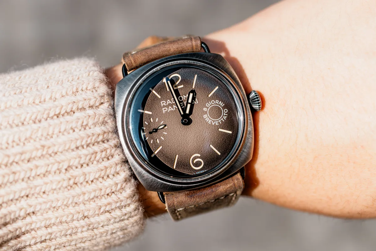 Close-up of Radiomir's large crown on the wrist