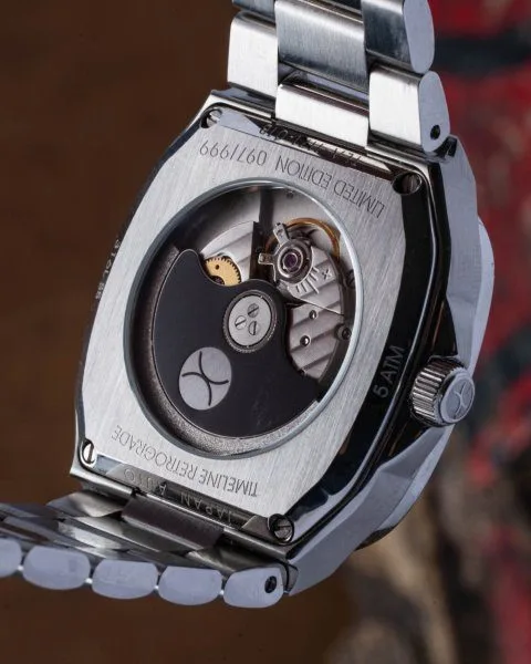 Xeric Timeline Retrograde's Miyota movement visible through case back