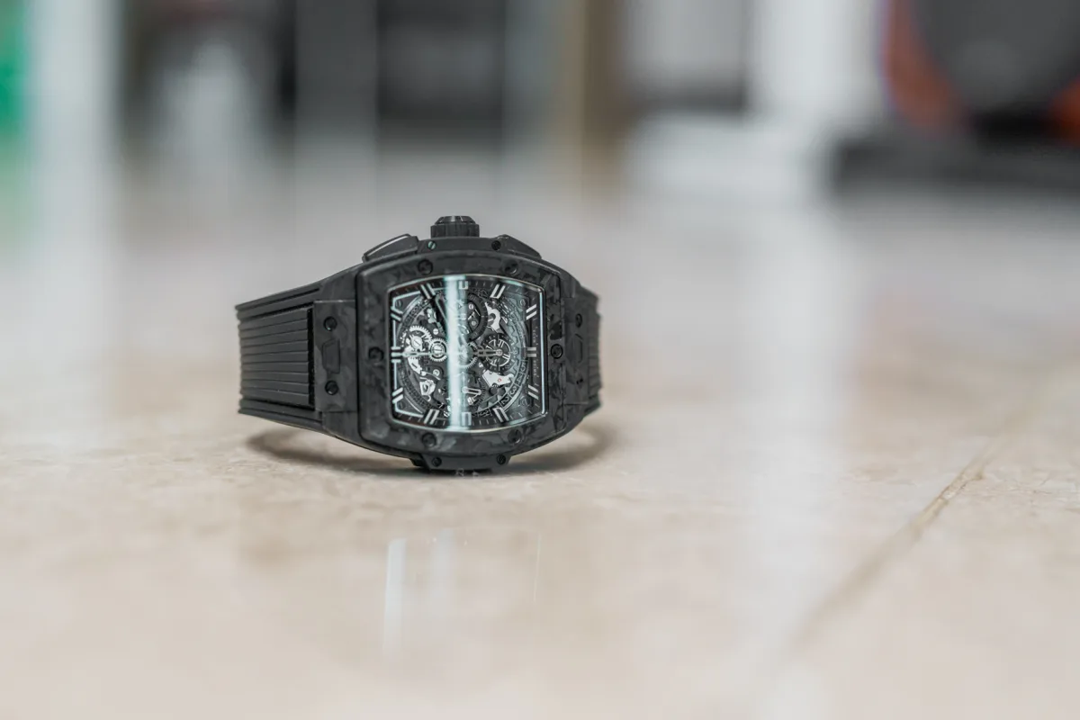 Close-up of carbon texture on the watch with rubber strap
