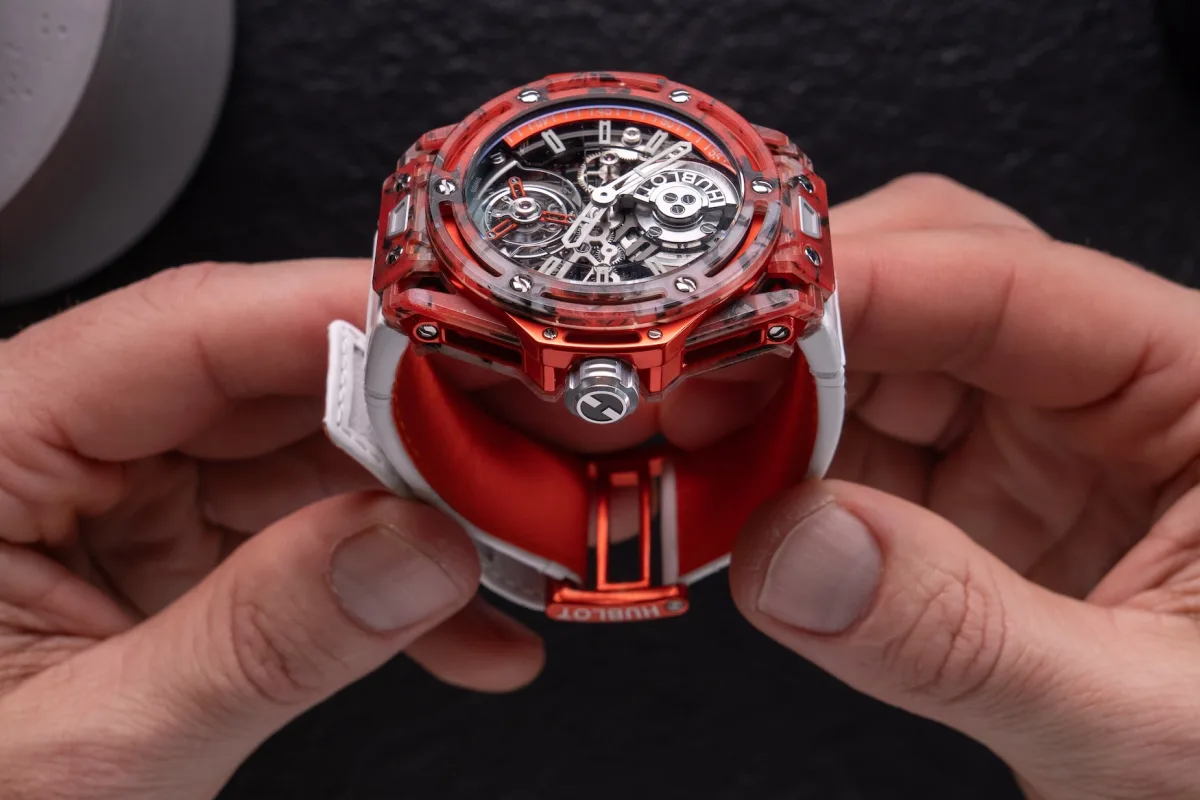 Close-up of tennis-themed details on Hublot Djokovic watch