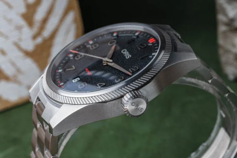 Close-up of Oris ProPilot Date crown and bezel