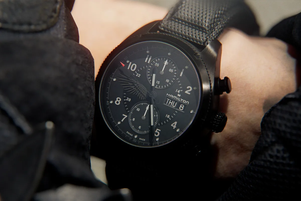 Hamilton Khaki Field Auto Chronograph Resident Evil watch close-up