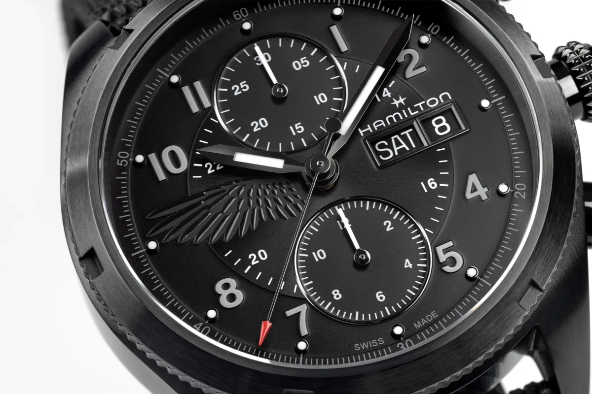 Resident Evil emblem on Hamilton watch at 9 o'clock position