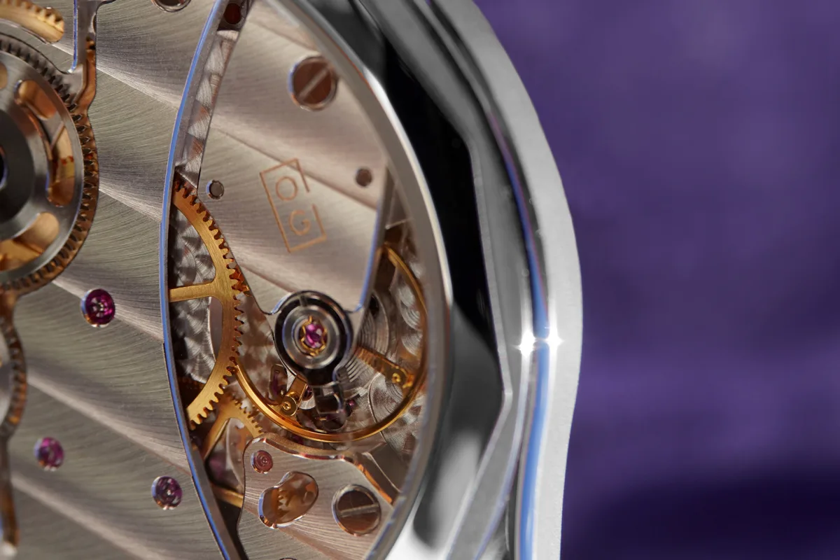 Close-up of LTM5000-G movement in Oliver Gallaugher watch