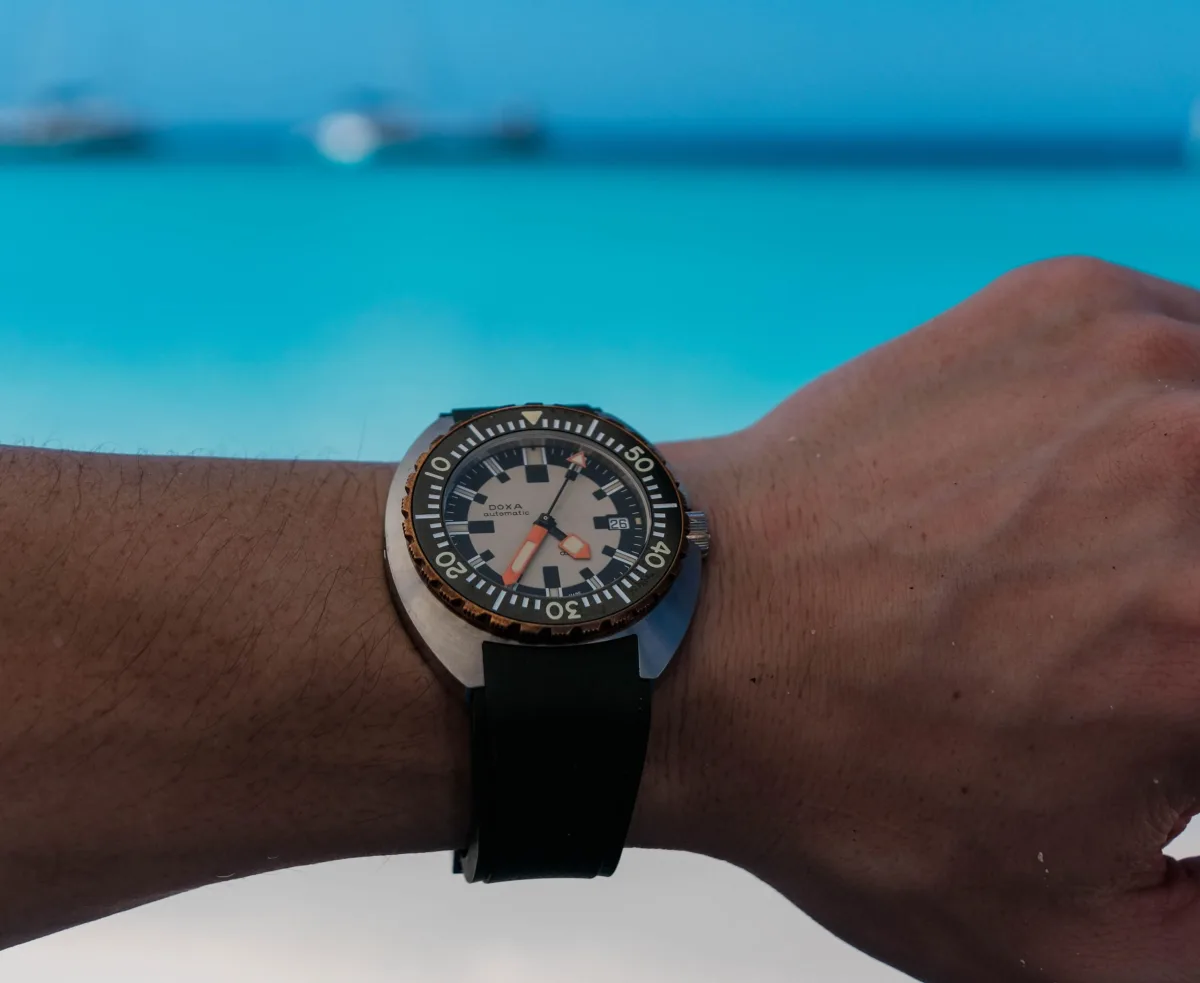 Doxa Army watch in a tropical setting