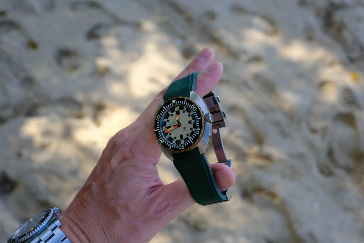 Close-up of Doxa Army watch on wrist
