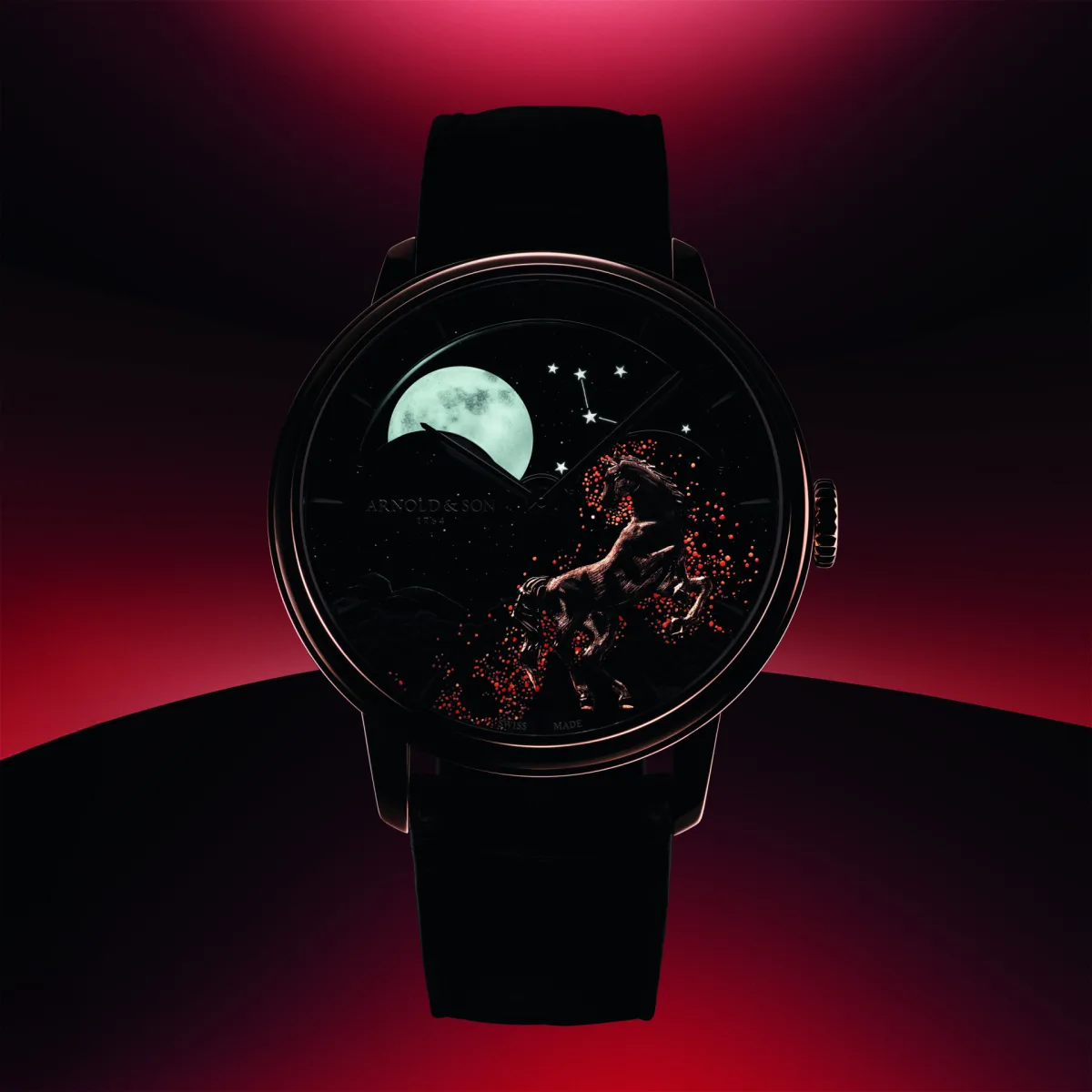 Detailed horse engraving with luminescent effects on Arnold & Son watch