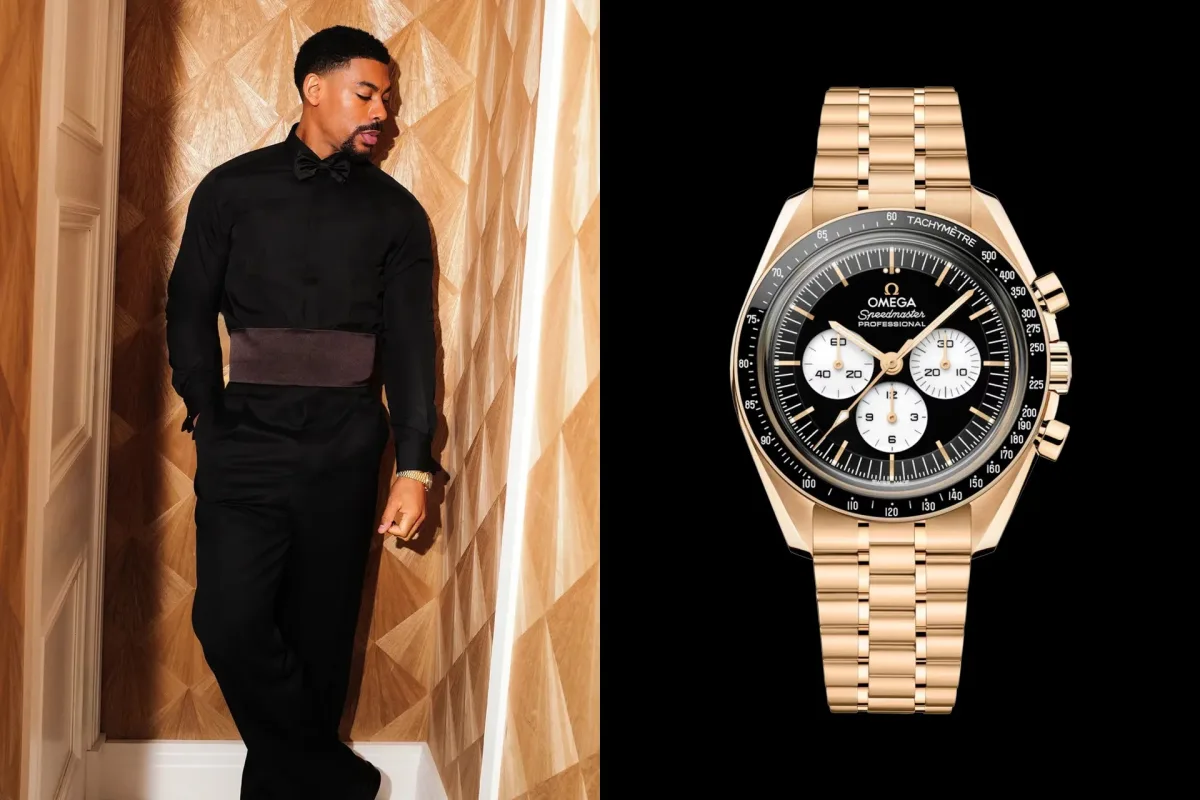 Aaron Pierre wearing Omega Speedmaster Moonwatch Professional