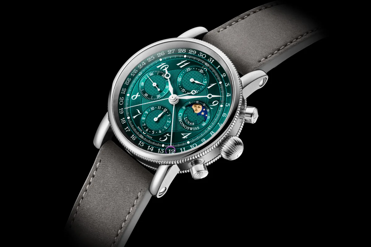 Close-up of Chronoswiss Lunar Chronograph Aurora dial