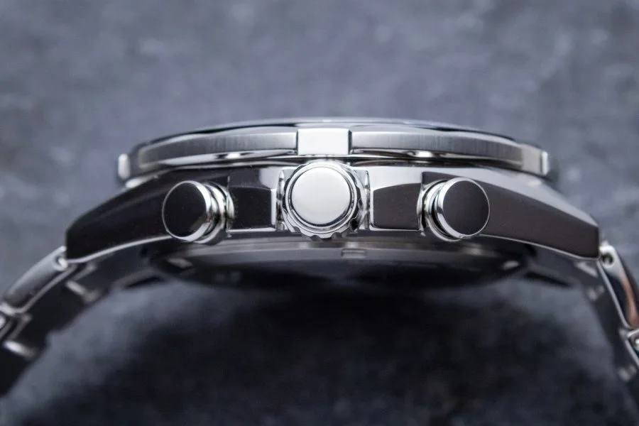Close-up of Citizen Endeavor Chrono case and ceramic bezel