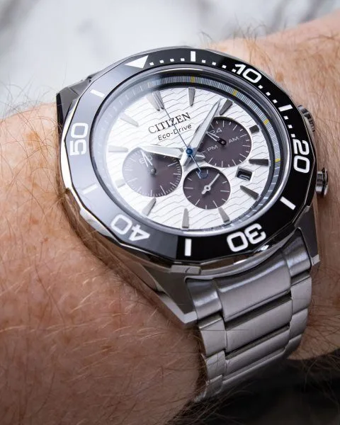 Detailed view of Citizen Endeavor Chrono's textured dial