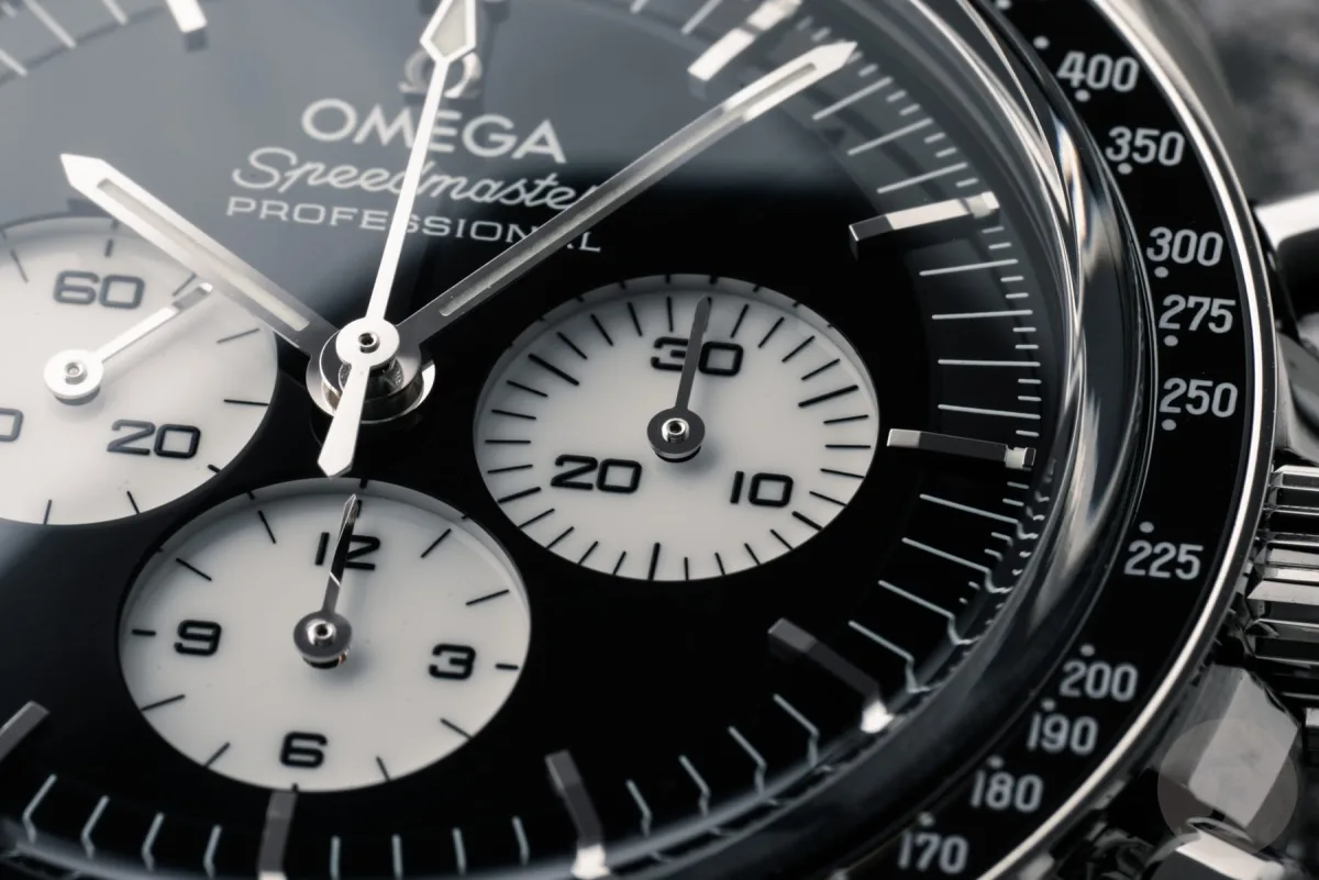 Omega Speedmaster Professional Moonwatch Reverse Panda in stainless steel.
