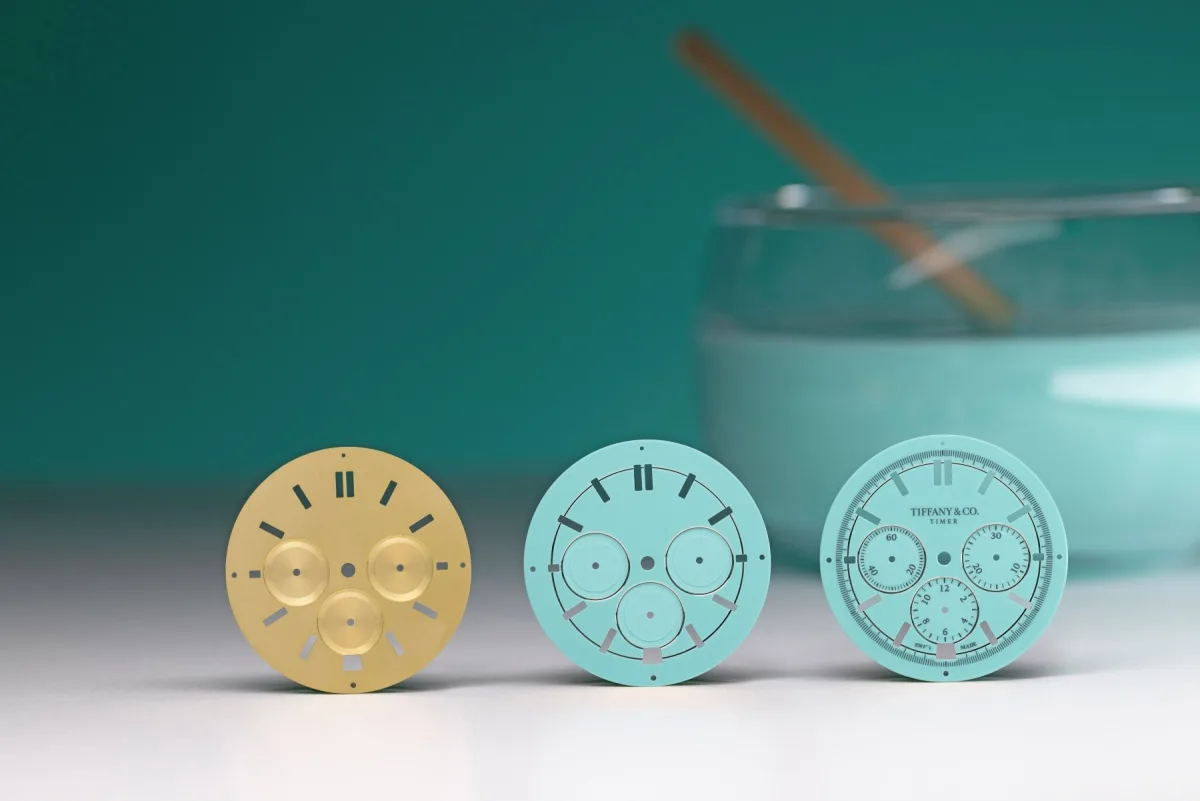 Close-up of Tiffany & Co. Tiffany Timer's Tiffany Blue dial with diamond markers.