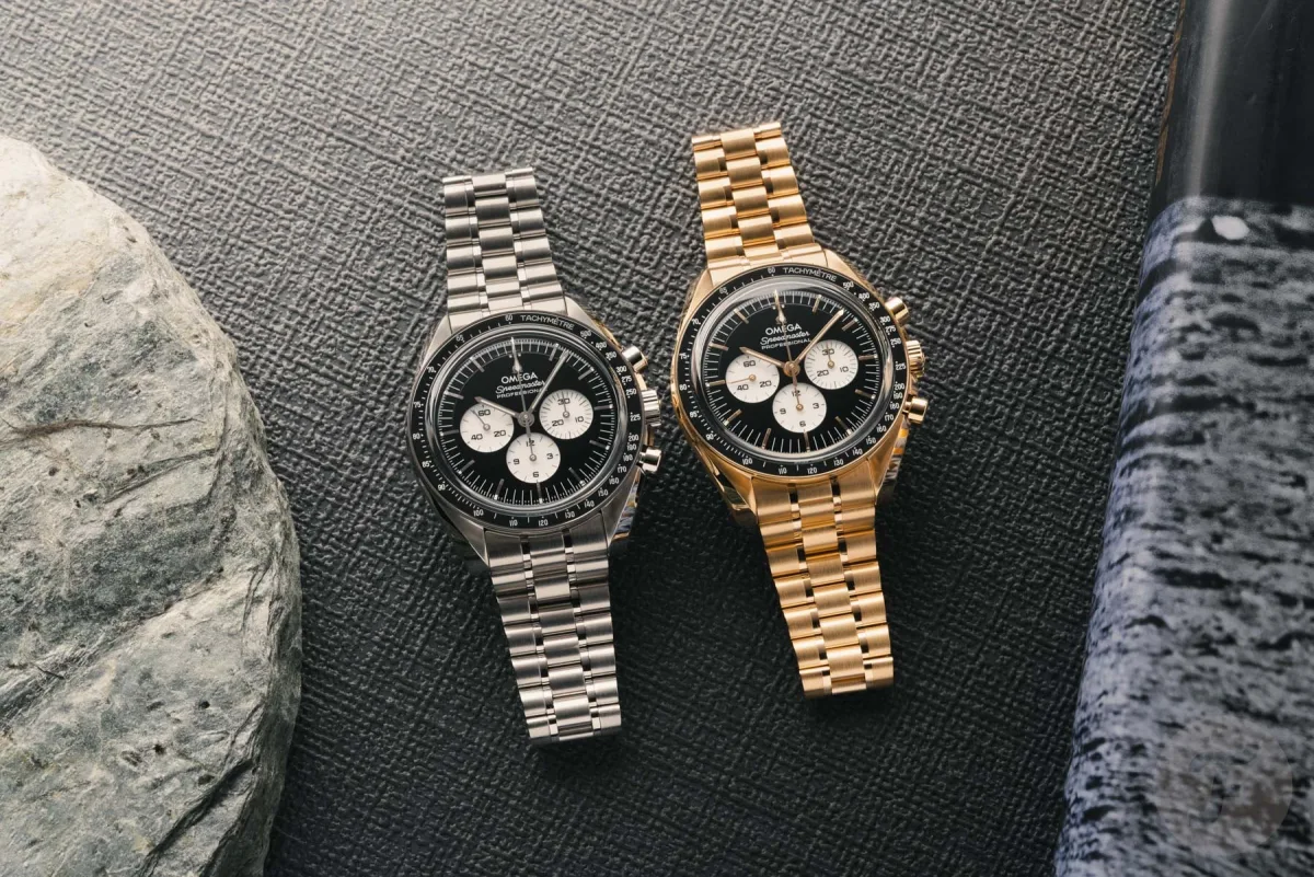 Close-up of Omega Speedmaster Reverse Panda dial with glossy black and white sub-dials.