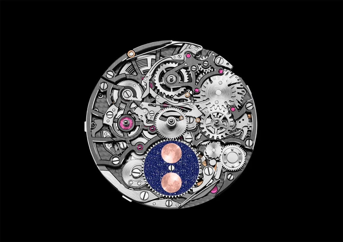 Close-up of the skeletonized caliber 7139 in the Royal Oak model