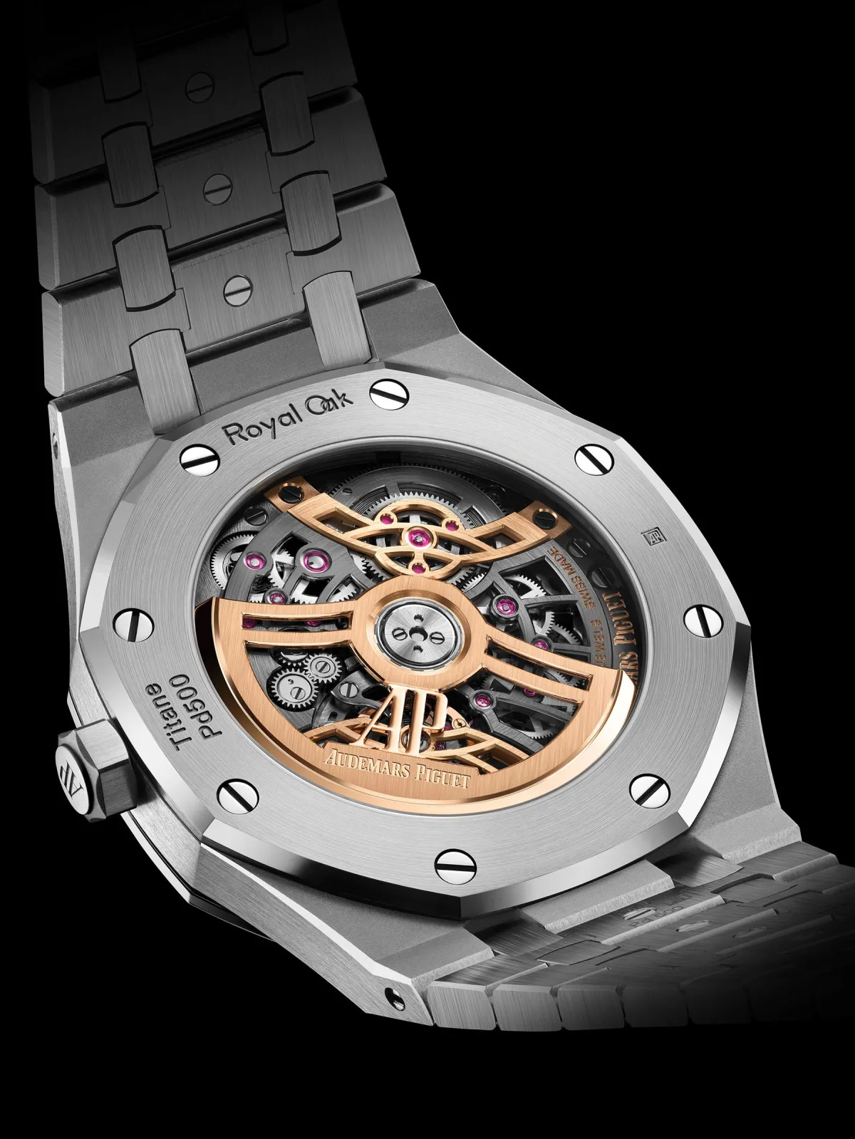 Detailed view of the black inner bezel of Royal Oak watch