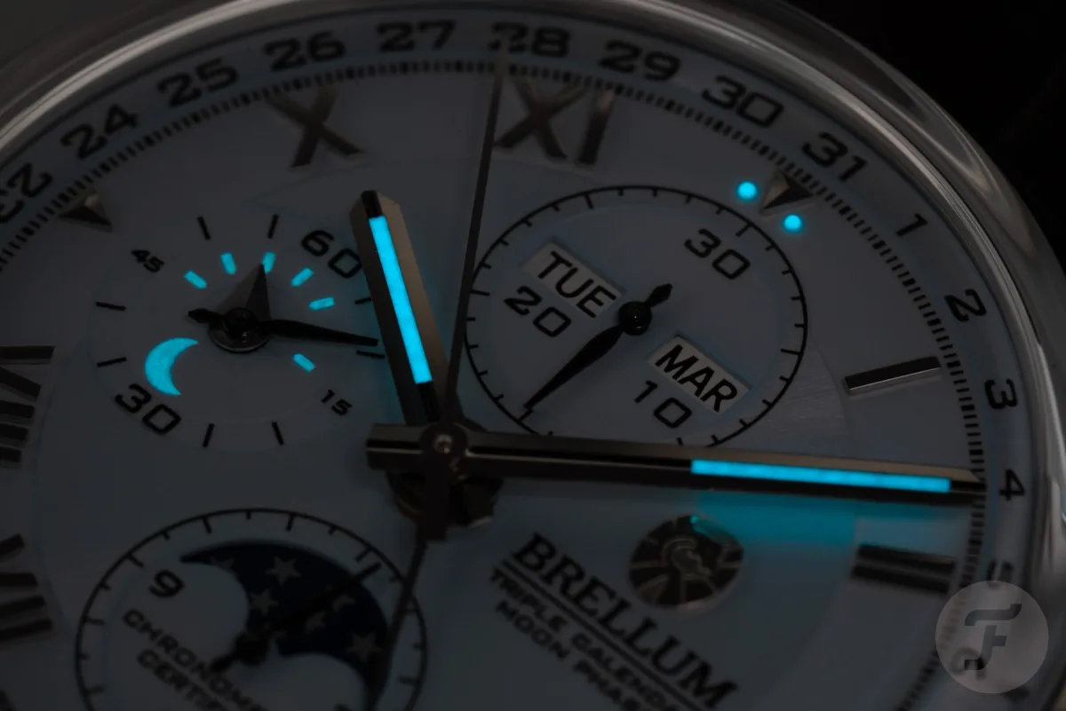 Brellum Duobox Triple Calendar Moonphase Ice Blue dial close-up