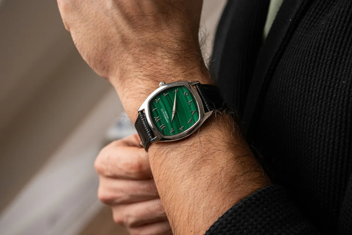 Green malachite dial of Anders & Co AC2 Vulcan