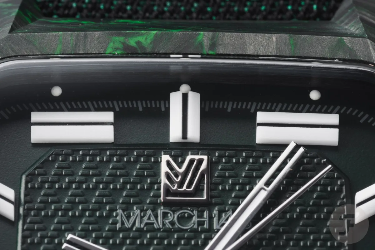Detailed view of the March LA.B AM2 Nyctalope Carbon dial